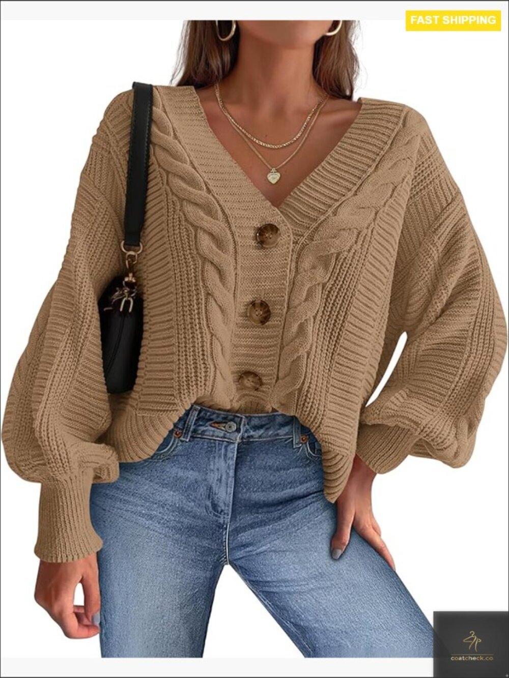 V Neck Long Sleeve Chunky Cable Knit Cardigan Sweater Puff Sleeve Button Down